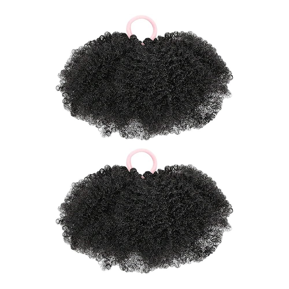 ccHuDE 2 Pcs 4 Inch Black Kinky Curly Hair Bun Synthetic Short Hair Extension Ponytail Updo Hairpieces Elastic Messy Hairs Scrunchies Coily Afro Puff Ponytail for Little Girls