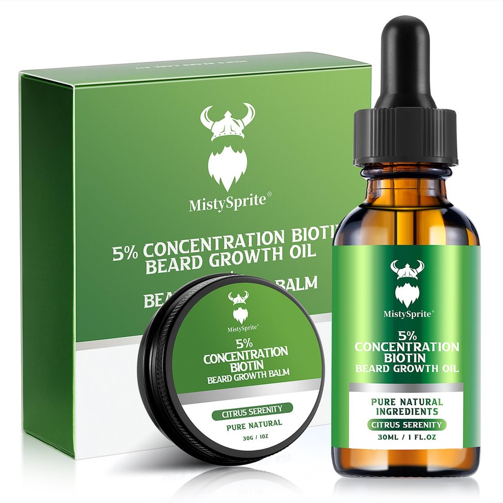 Beard Growth Oil & Beard Balm - Beard Growth Kit with 5% Concentration Biotin for Men, Natural Ingredients with Argan Oil, Jojoba Oil and Vitamin (Citrus Serenity)