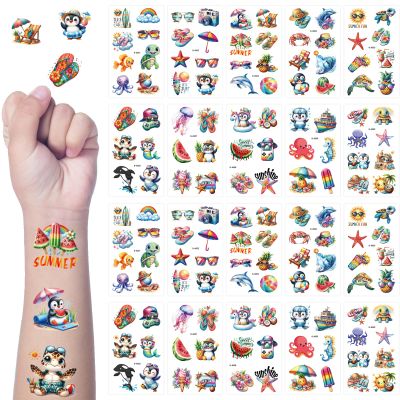 144pcs Summer Temporary Tattoos Bulk, Fake Tattoos for Boys Girls Teens Adults, Pool Beach Hawaiian Luau Party Favors Decorations