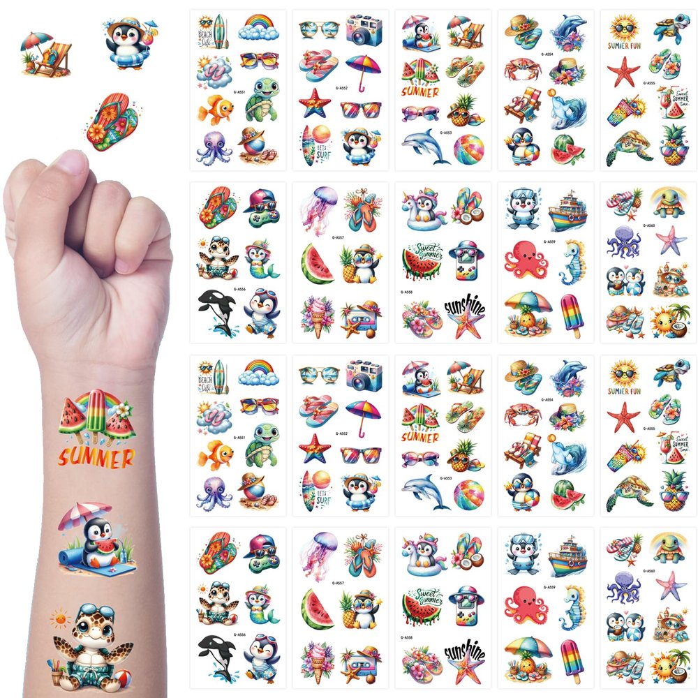 144pcs Summer Temporary Tattoos Bulk, Fake Tattoos for Boys Girls Teens Adults, Pool Beach Hawaiian Luau Party Favors Decorations