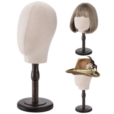 Peohud 21 Inch Mannequin Head, Canvas Wig Stand with Head, Linen Dome Model Head with Detachable Wood Stand for Hats, Caps, Headdress, Wig Making, Headband Display