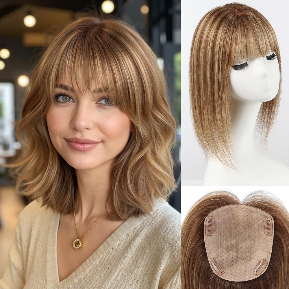 starluck Hair Toppers for Women with Bangs, 5"*5.5"Large Coverage Brown Balayage 100% Real Human Hair,Cover Gray HairRoots,Best Hairtoppers for ThinHair