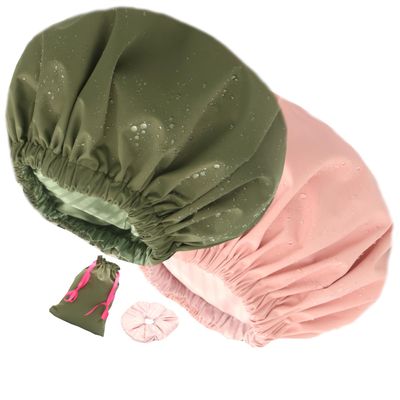2pcs Genergy Luxury Shower Cap Satin Lined For Women Waterproof Adjustable Baths Bonnet Reusable Extra Large Double Layers And Reversible Elastic Bath Cap(Pink+Green)