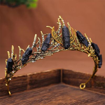 Halloween Natural Amethyst Black Crystal Fluorite Crown Fashion Colorful Crystal Vintage Metal Crowns Hair Accessories Black