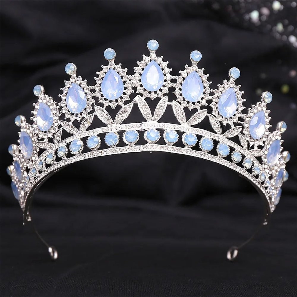 Women Water Drop Crystal Tiaras For Wedding Birthday Party Elegant Crown Hair Accessories Silver Blue Opal