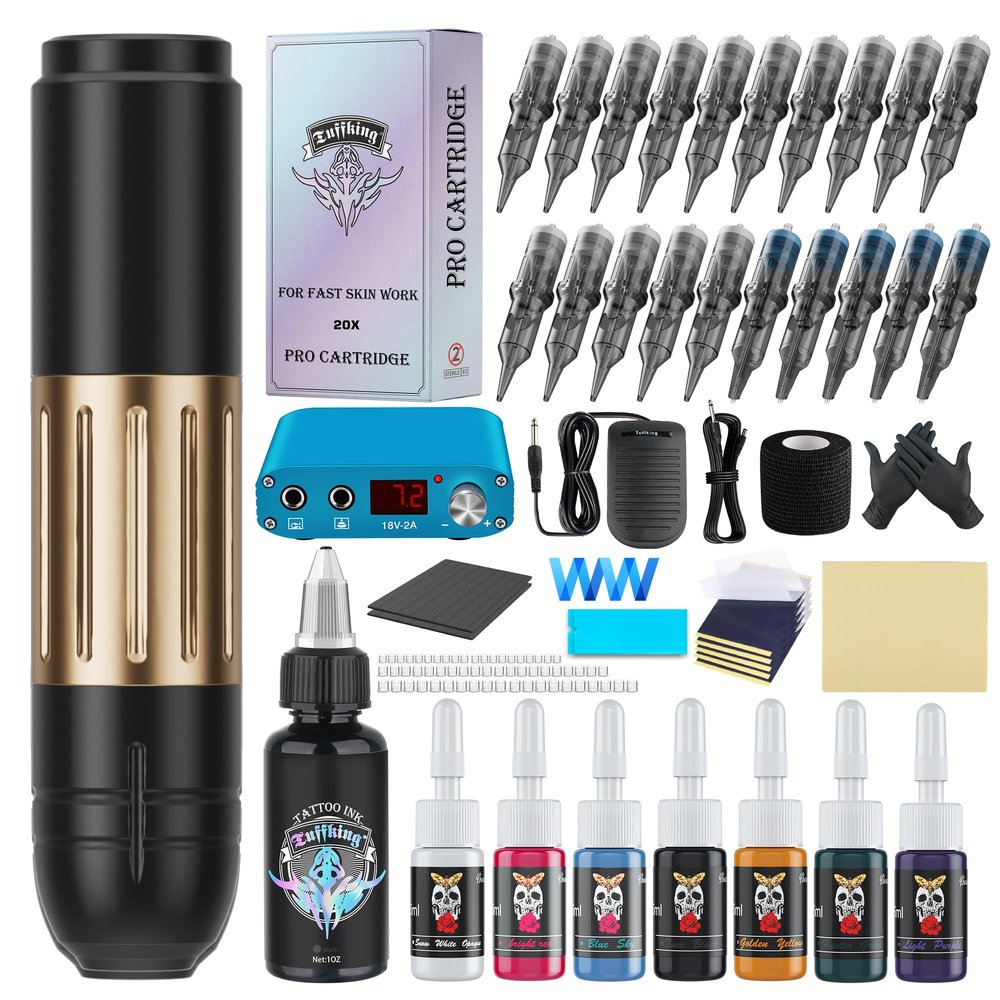 Complete Tattoo Gun Machine Kit, Professional Rotary Tattoo Pen Set with Power Supply, Beginners Tattoo Supplies Kit with 20Pcs Cartridge Needles for Starters Artists
