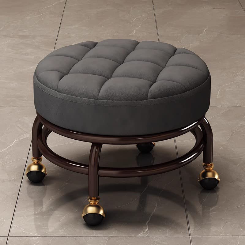 Yuidaaavzz Rolling PU Leather Low Stool with Wheels for Nail Salon Pedicure SPA Home Foot Stool (Dark Grey)