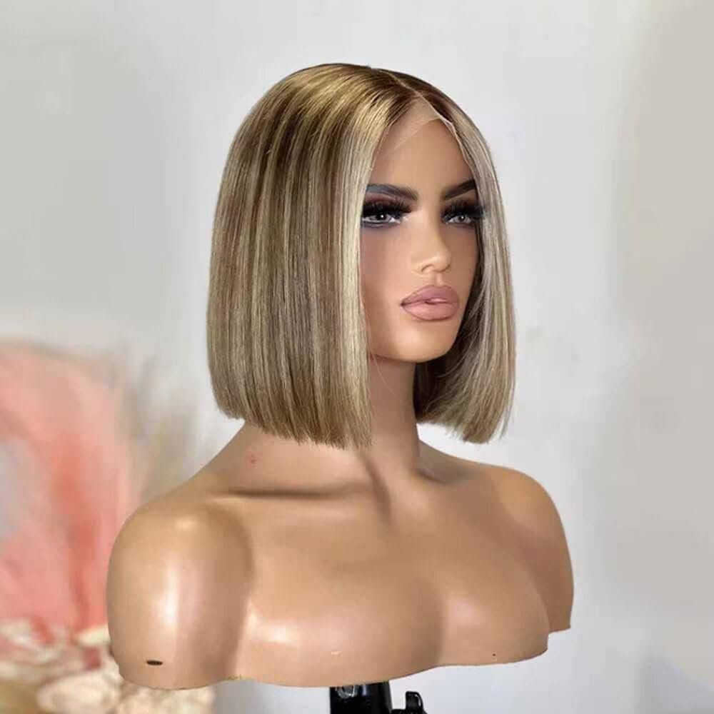 oulaer Blonde Bob Wig Light Brown Highlights 13x6 Lace Front Short Straight Wig for Women Pre Plucked Bleached Knots 150% Density Brazilian Hair 8Inch