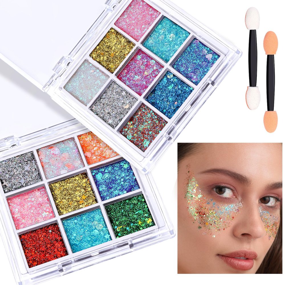 FANDAMEI Face Glitter, 2 PCS Face Glitter Gel 18 Grids, Body Hair Glitter for Kids Women for Makeup, Halloween Rave Concert Face Paint Glitter