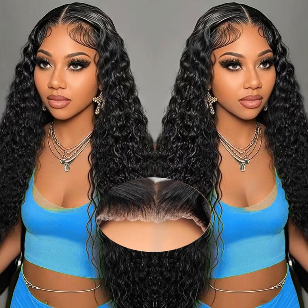 Flwing Wear and Go Glueless Wigs Human Hair Pre Plucked Pre Cut 5x5 HD Lace Closure Wigs 180% Density 100% Raw Human Hair Deep Wave Wet and Wavy Wig (5x5 Glueless Deep Wave Wig, 22 Inch)