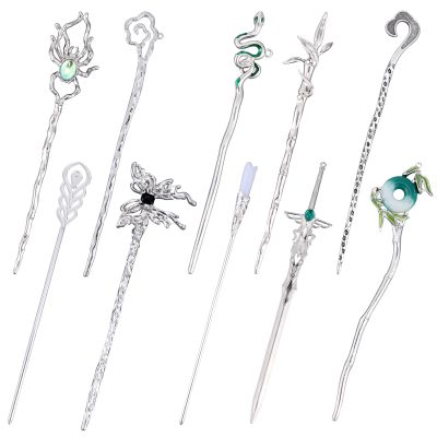 10 Pcs Chinese Hair Sticks, Silver Metal Hairpin Hanfu Decorative Hair Pins Snake Butterfly Flower Jade Stone Vintage Hair Chopsticks Elegant Asian Japanese Hairstyles Accessories for Women