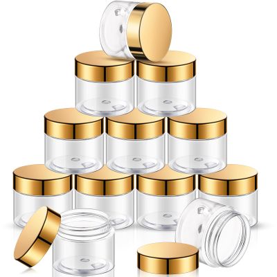 12 Pack Plastic Container Jars with Lids Round Clear Travel Cosmetic Container Jars for Toiletries, Lotion, Cream, Ointments, Makeup, Rhinestone, Samples, Kitchen Storage(4 oz,Gold)