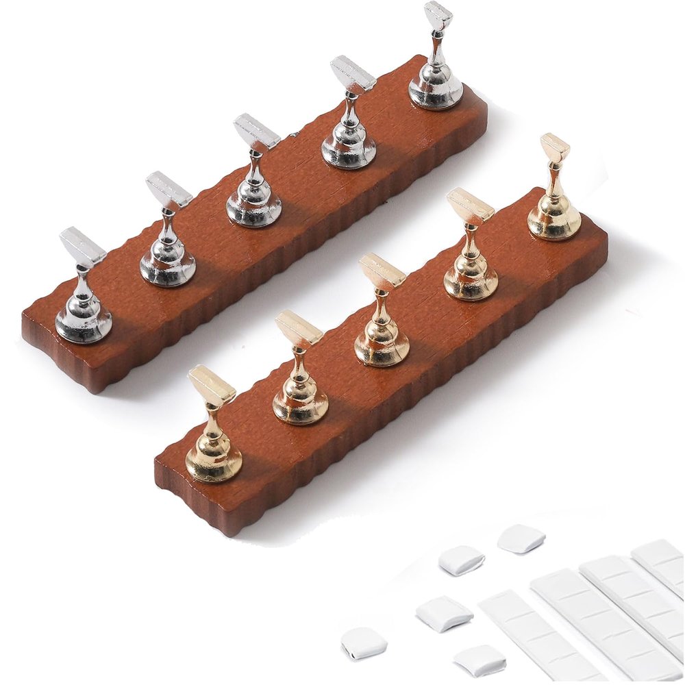 2 Sets Magnetic Nail Stand for Press on Nails - Wooden Nail Holder with 30 Pcs Sticky Putty, 5 Gold & 5 Silver Nail Tips, Floral Design for Nail Art Display, Home & Salon Use (Wood & Metal)