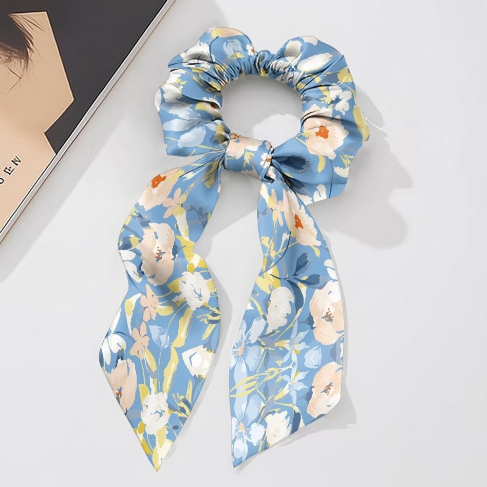 UOQFHHM Hair Ties with Bow for Women's - Satin Hair Ribbon Elastic Hair Scrunchies Literary Flower Print Accessories Stylish and Versatile for Decoration,Daily Commute
