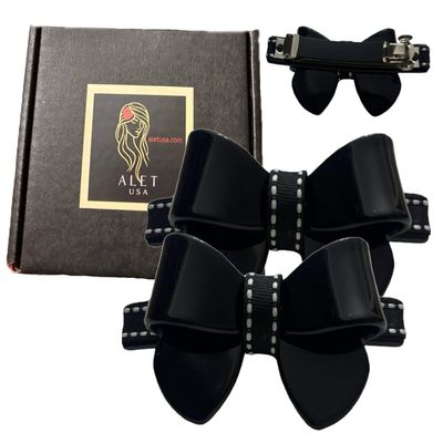 2 pieces ALET USA Embellished Hair Bow Barrettes (Black)