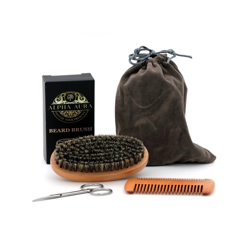 Alpha Aura Beard Grooming Kit  Beard Brush & Comb Set with Mustache Scissors  Natural Boar Bristle Brush, Dual-Action Pear Wood Comb & Travel Pouch