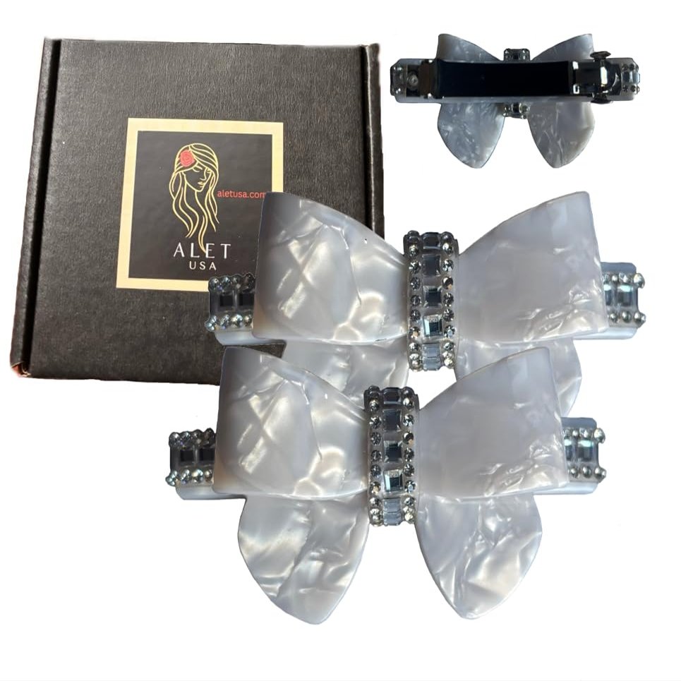 2 pieces ALET USA Embellished Hair Bow Barrettes (Silver White)