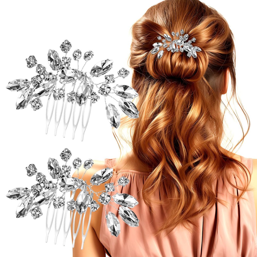 2 Pcs Bridal Hair Comb, Sparkle Prom Hair Accessories Silver, Silver Bridal Side Combs Leaf Headpiece for Parties, Dance Wedding hairs Accessories for Brides Women,Girls