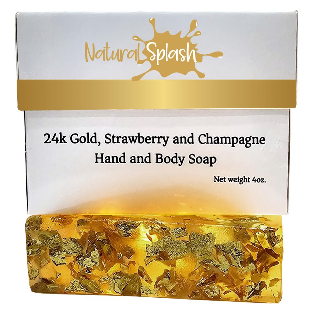 24k Gold flakes, Strawberry and Champagne Hand and Body Soap  Vegetable Collagen, Aloe Vera, and 24k Gold flakes - A luxurious treat by Natural Splash - Perfect for gifting or indulging yourself.