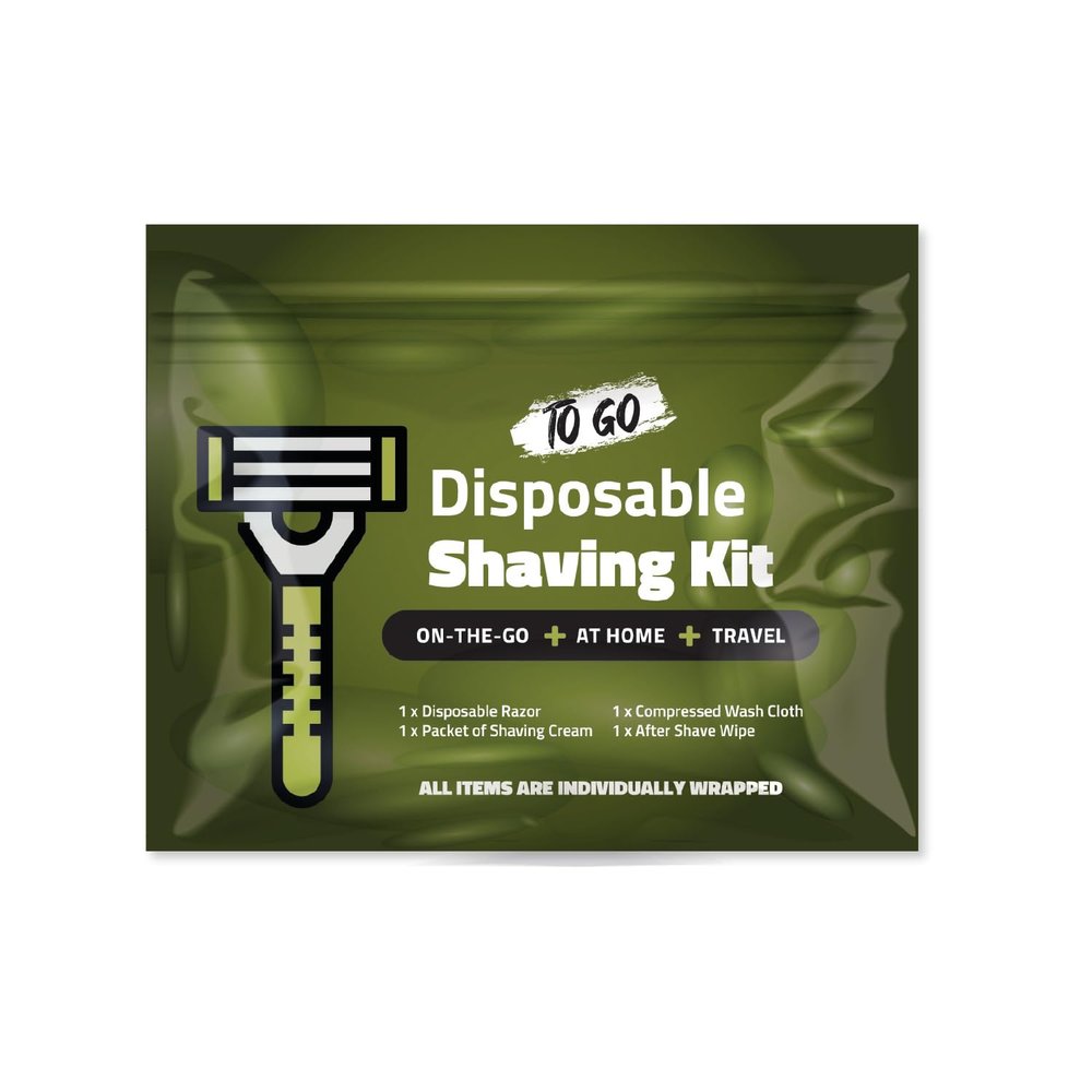 Compact Shaving Kit  Travel Shaving Essentials for Men & Women | Includes Disposable Razor, Shaving Cream, Washcloth & Aftershave Wipe | Hygiene Kit for Travel, Work & Emergencies (Green)
