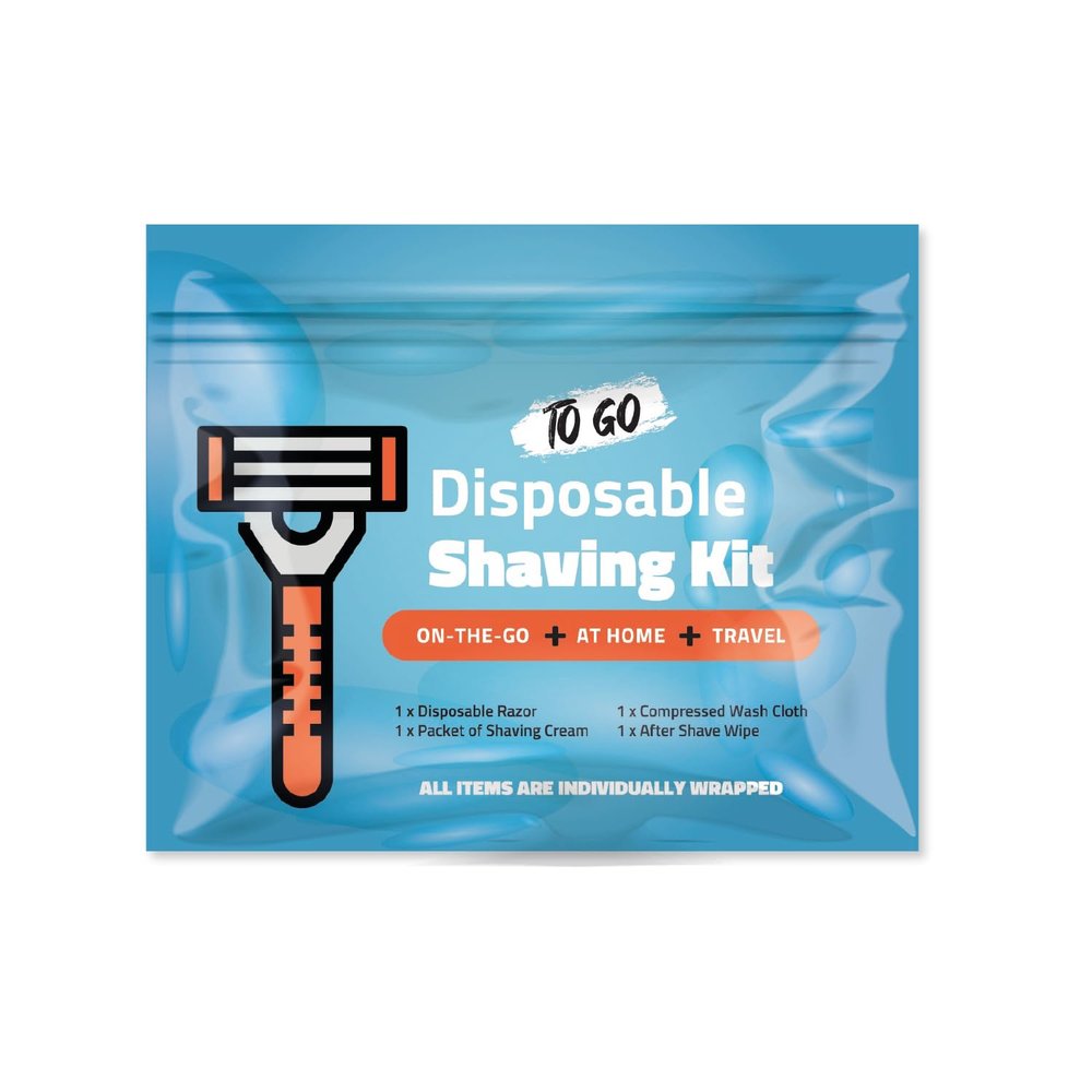 Compact Shaving Kit  Travel Shaving Essentials for Men & Women | Includes Disposable Razor, Shaving Cream, Washcloth & Aftershave Wipe | Hygiene Kit for Travel, Work & Emergencies (Blue)