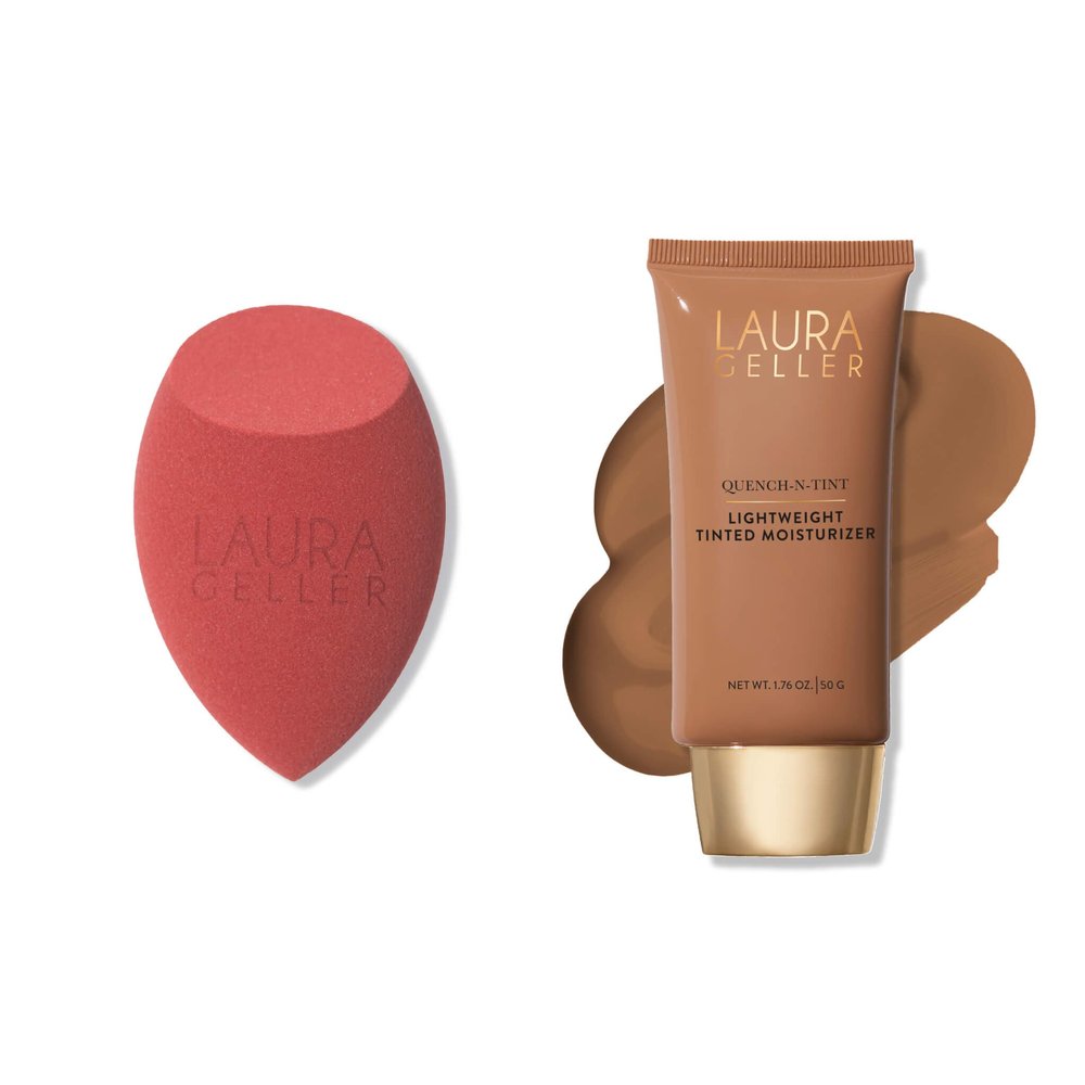 LAURA GELLER Quench-n-Tint Hydrating Lightweight Tinted Moisturizer, Deep + Latex-Free Full Face Makeup Blending Sponge - Sheer Foundation for Daily Use