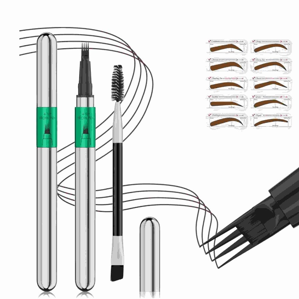 4 Fork Tip Eyebrow Pen - Waterproof Brow Pencil with Ultra-Fine Tips, Smudge-Proof & Sweatproof, Natural Hair-Like Strokes, Beginner-friendly(Includes Eyebrow Stencils & Brush) (Dark Brown)