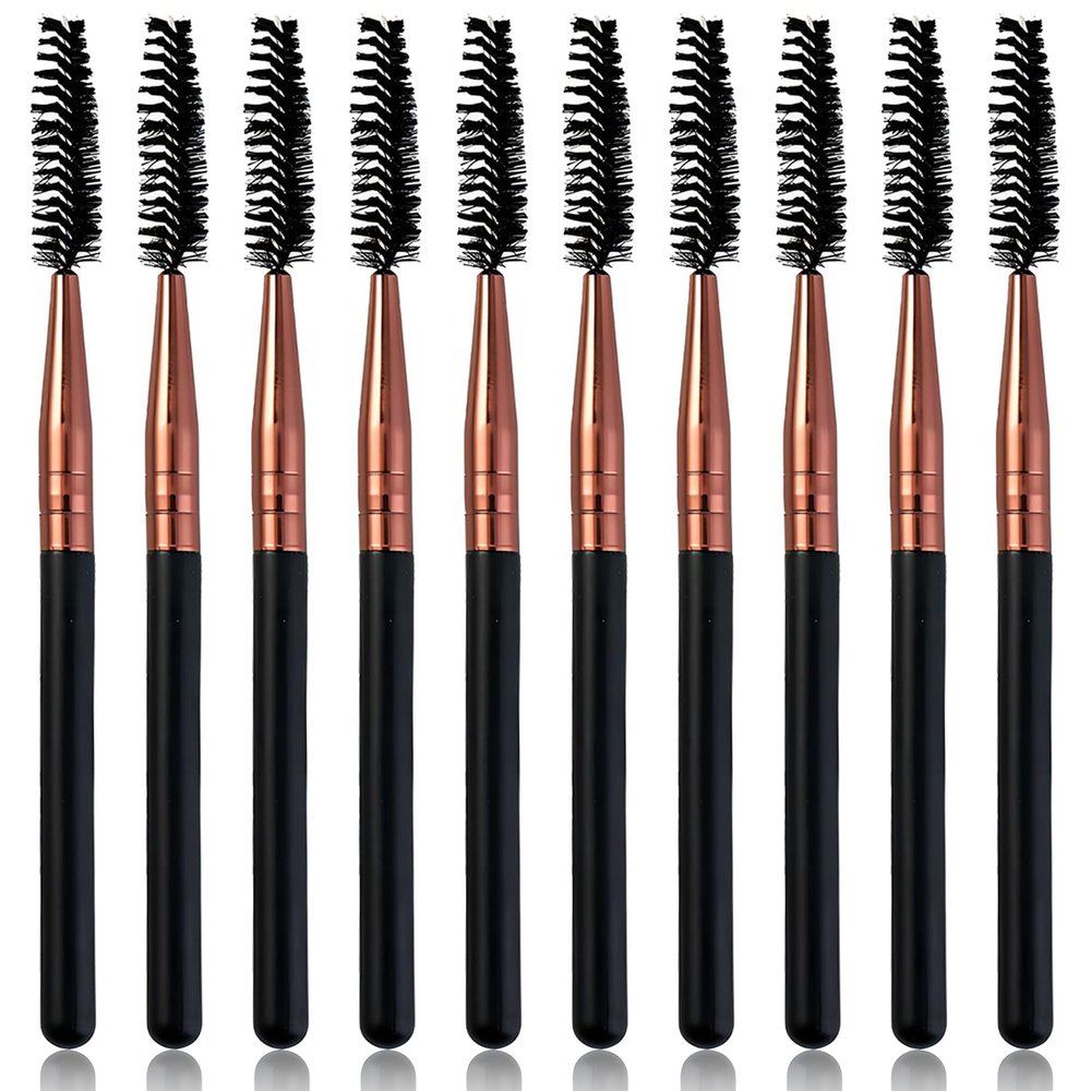 10Pcs Mascara Brush Wands  Reusable Lash Spoolies & Eyebrow Brushes Applicators for Extensions (Rose Gold, Black Handle)