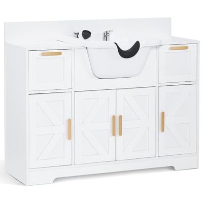 BarberPub Portable Shampoo Station, Shampoo Bowl with Cabinet & Drawer, Salon Geometric Finish Station with Sprayer Faucet, Barber Storage Equipment with Hair Wash Backwash Sink 3439 (All White)