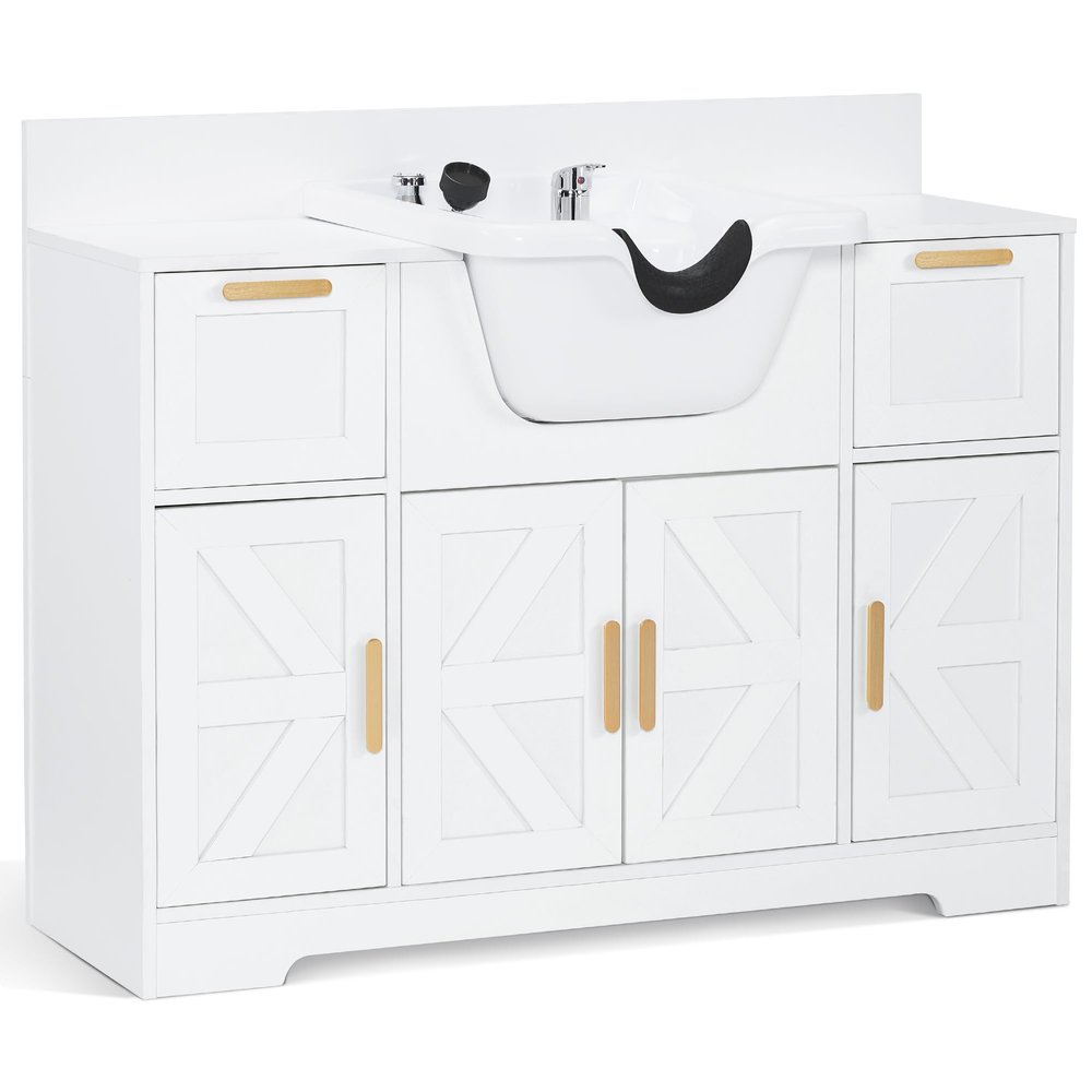 BarberPub Portable Shampoo Station, Shampoo Bowl with Cabinet & Drawer, Salon Geometric Finish Station with Sprayer Faucet, Barber Storage Equipment with Hair Wash Backwash Sink 3439 (All White)