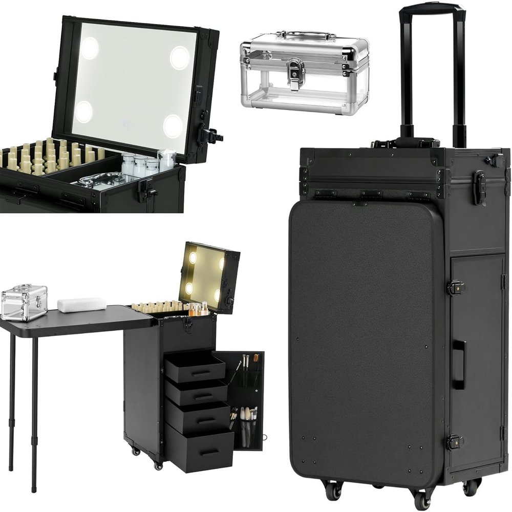 Portable Rolling Manicure Table, Folding Nail Desk Makeup Train Case with LED Mirror, 4 Storage Drawers, Acrylic Case & Wrist Rest  Mobile Nail Tech Station & Cosmetic Travel Trolley, Black