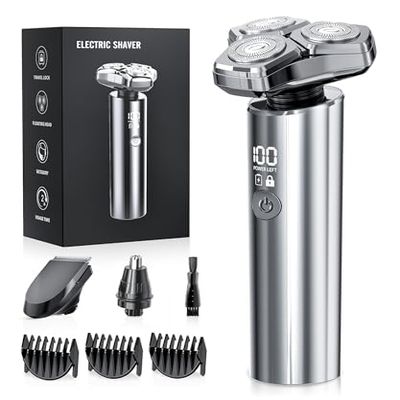 Electric Razor for Men, Rechargeable Wet & Dry Shavers for Men IPX8 Waterproof, Blades Spin 12000 Times Per Minute, LED Display, and Travel Lock,Sliver