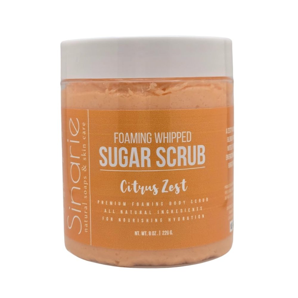 Sinarie Foaming Whipped Sugar Scrub  8 oz | Gentle Exfoliant with Mango Butter & Coconut Oil for Smooth, Glowing Skin (8 oz., Citrus Zest)