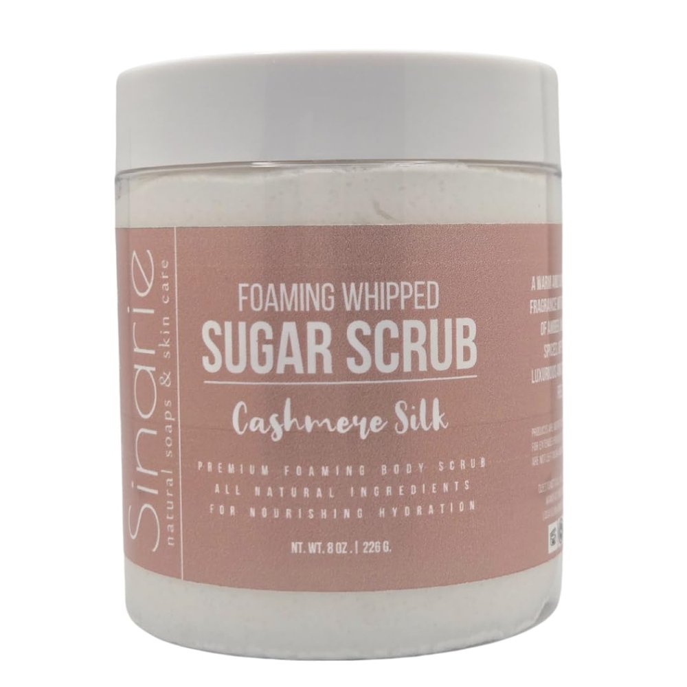 Sinarie Foaming Whipped Sugar Scrub  8 oz | Gentle Exfoliant with Mango Butter & Coconut Oil for Smooth, Glowing Skin (8 oz., Cashmere Silk)