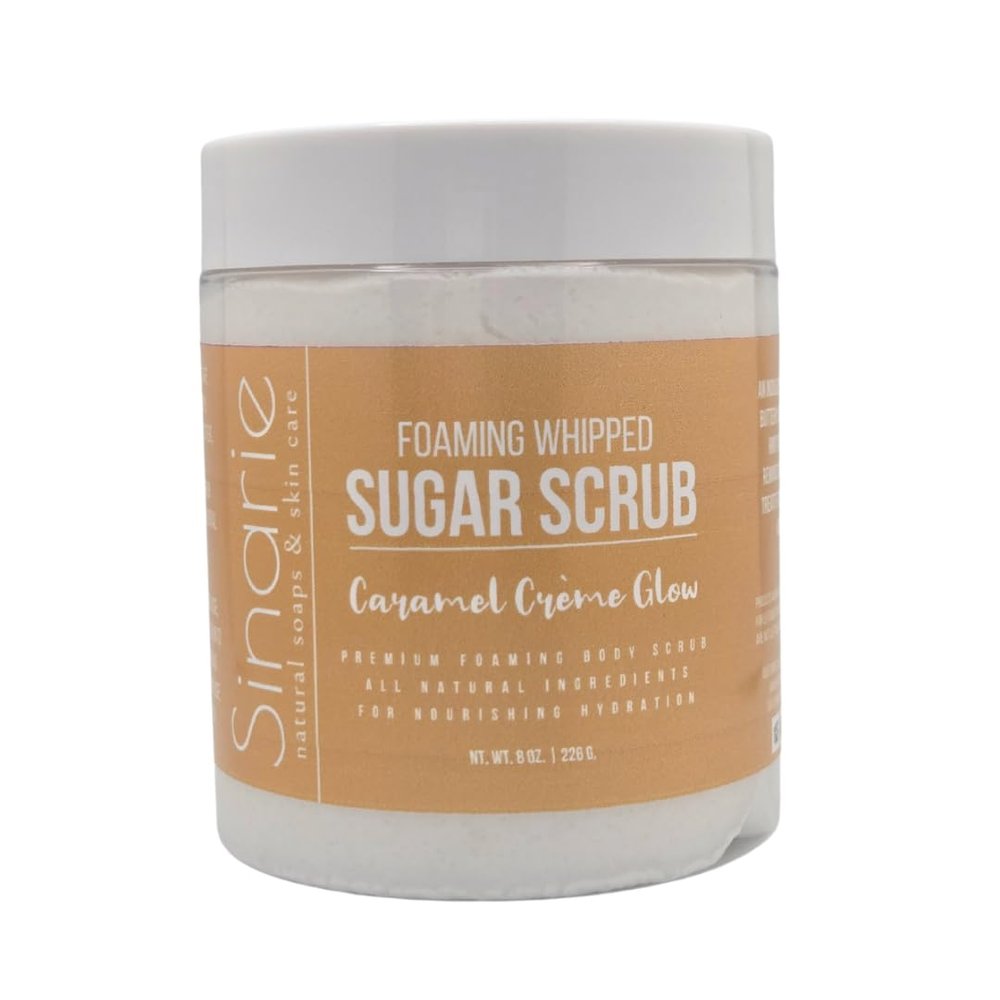Sinarie Foaming Whipped Sugar Scrub 8 oz | Gentle Exfoliant with Mango Butter & Coconut Oil for Smooth, Glowing Skin (8 oz., Caramel Crme Glow)