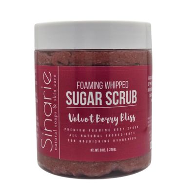 Sinarie Foaming Whipped Sugar Scrub  8 oz | Gentle Exfoliant with Mango Butter & Coconut Oil for Smooth, Glowing Skin (8 oz., Velvet Berry Bliss)