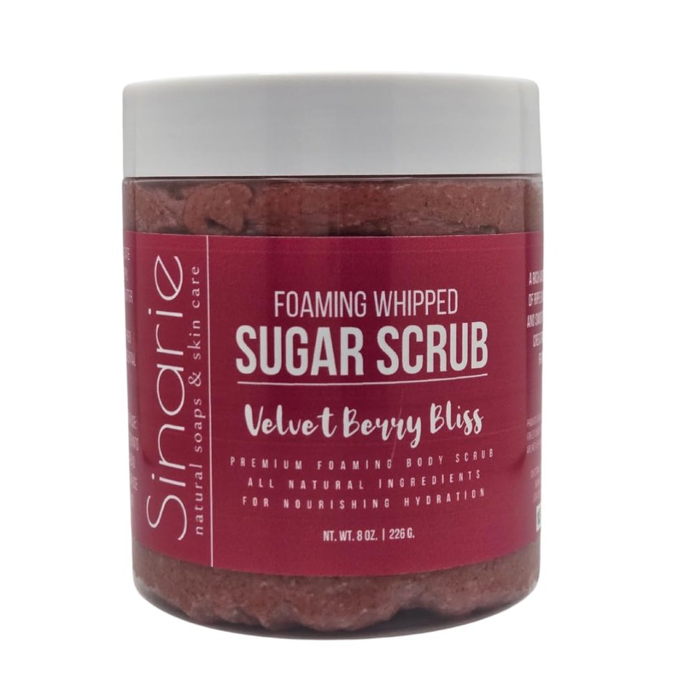 Sinarie Foaming Whipped Sugar Scrub  8 oz | Gentle Exfoliant with Mango Butter & Coconut Oil for Smooth, Glowing Skin (8 oz., Velvet Berry Bliss)