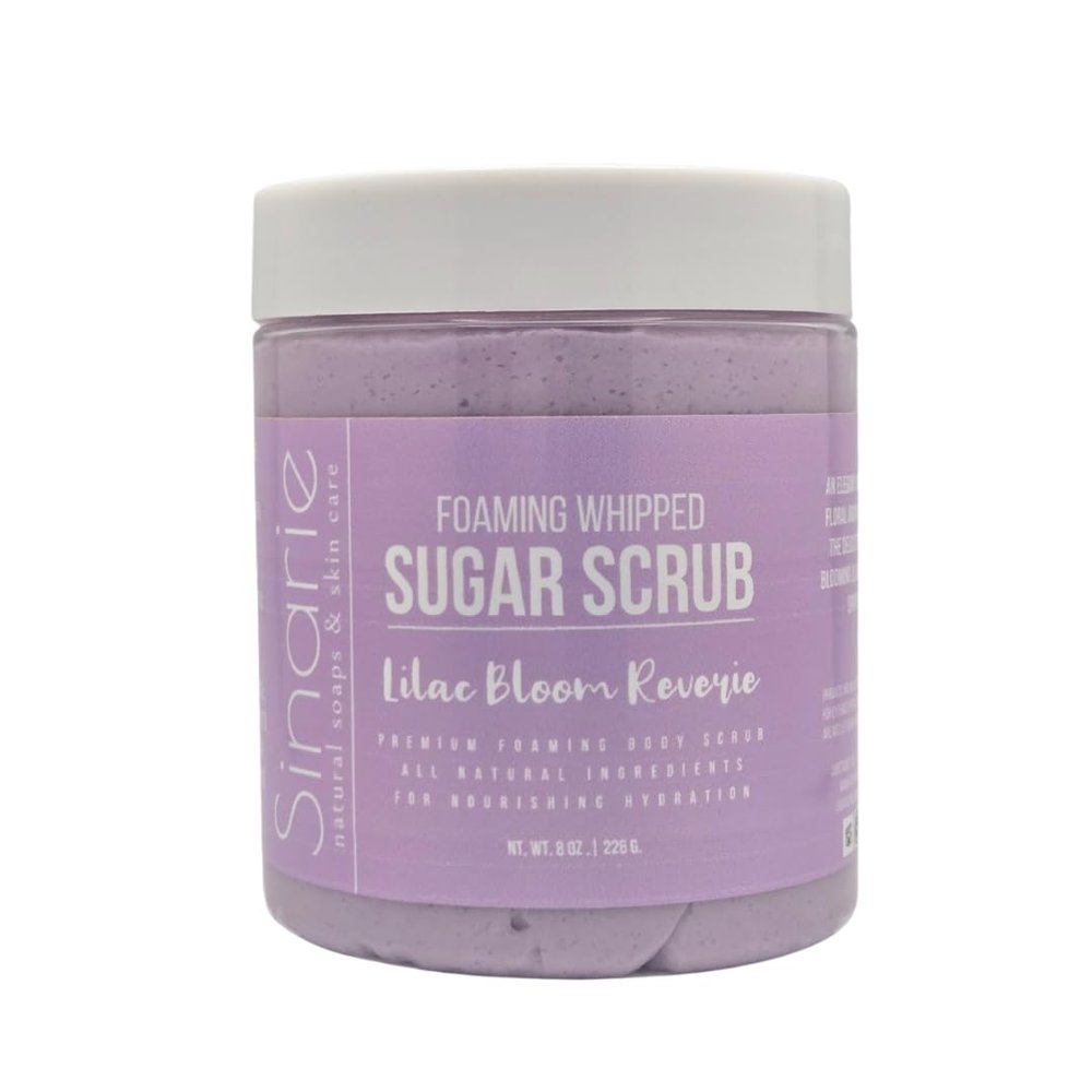 Sinarie Foaming Whipped Sugar Scrub 8 oz | Gentle Exfoliant with Mango Butter & Coconut Oil for Smooth, Glowing Skin (8 oz., Lilac Bloom Reverie)