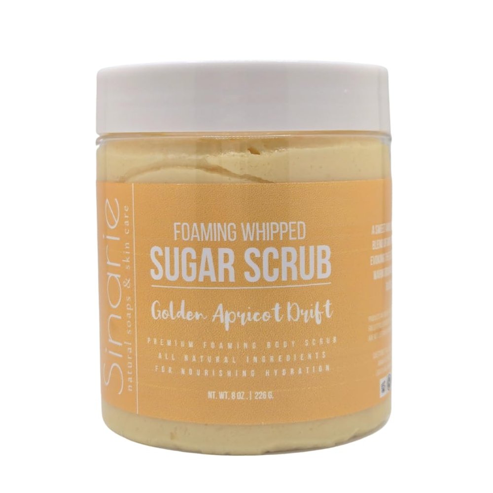 Sinarie Foaming Whipped Sugar Scrub  8 oz | Gentle Exfoliant with Mango Butter & Coconut Oil for Smooth, Glowing Skin (8 oz., Golden Apricot Drift)