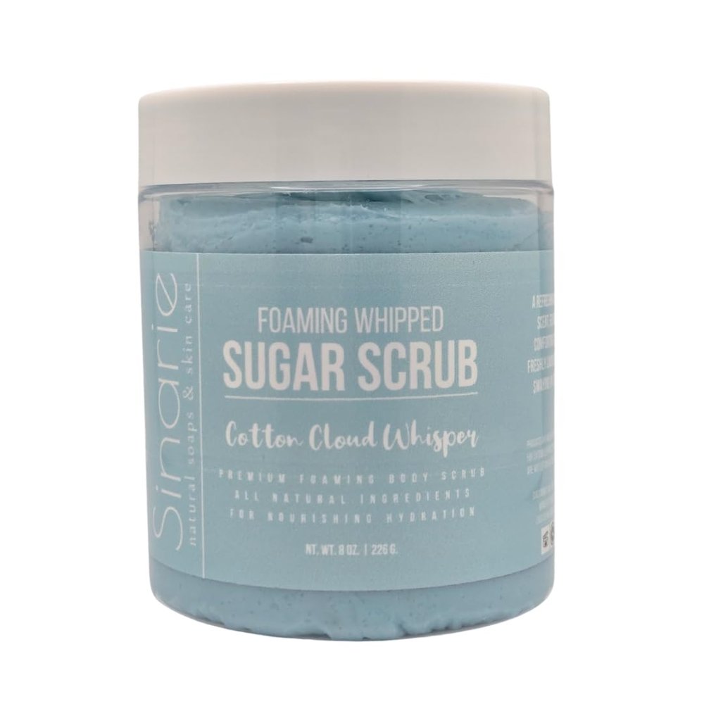 Sinarie Foaming Whipped Sugar Scrub  8 oz | Gentle Exfoliant with Mango Butter & Coconut Oil for Smooth, Glowing Skin (8 oz., Cotton Cloud Whispers)