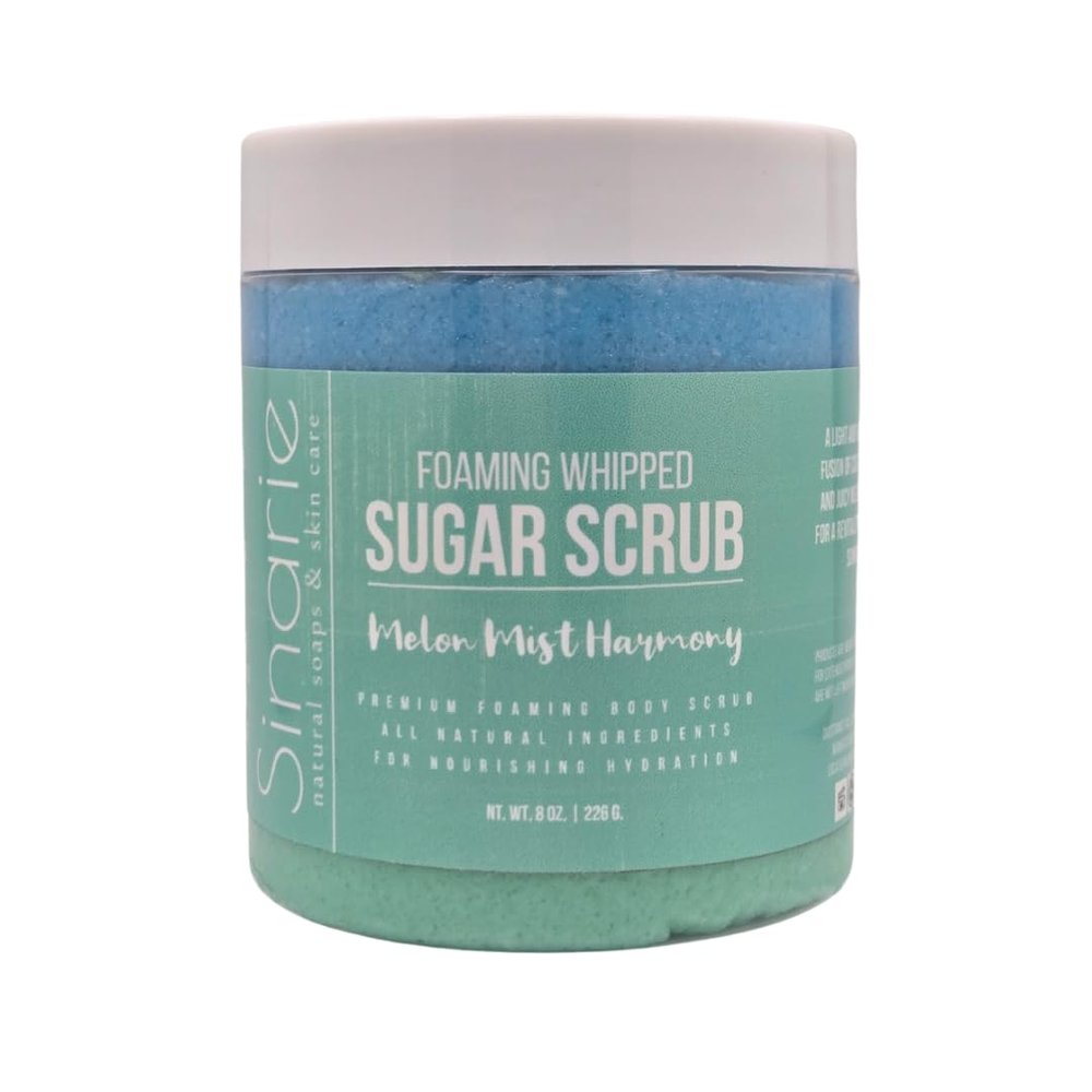 Sinarie Foaming Whipped Sugar Scrub  8 oz | Gentle Exfoliant with Mango Butter & Coconut Oil for Smooth, Glowing Skin (8 oz., Melon Mist Harmony)