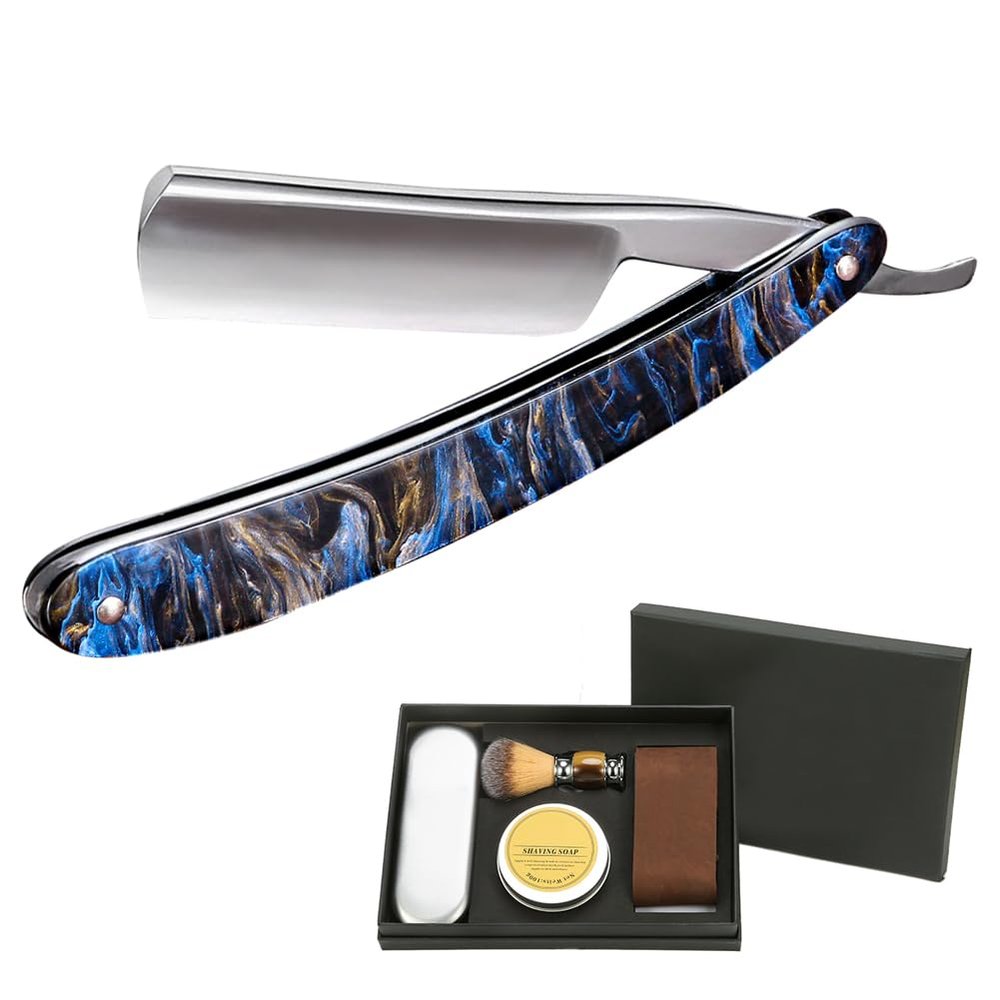 Straight Razor Kit Professional Shave Ready for Men Barber,Straight Edge Razor Carbon Steel Sharp Shaver with Shaving Strop Brush Shaving Cream for Men Home &Grooming Using