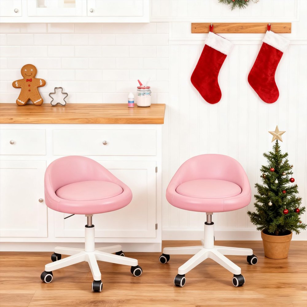 Rolling Stool Set of 2 Ergonomic Swivel Seat, Adjustable Height, Ultra-Quiet Wheels, Padded PU Leather Cushion, for Salon, Office, Massage & Medical Use Pink
