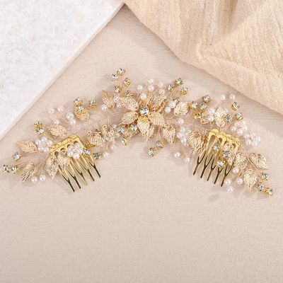 BERYUAN Wedding Leaf Flowers Hair Comb Handmade Rhinestone Pearls Bridal Headpiece Wedding Hair Accessories for Brides Bridesmaid (gold)