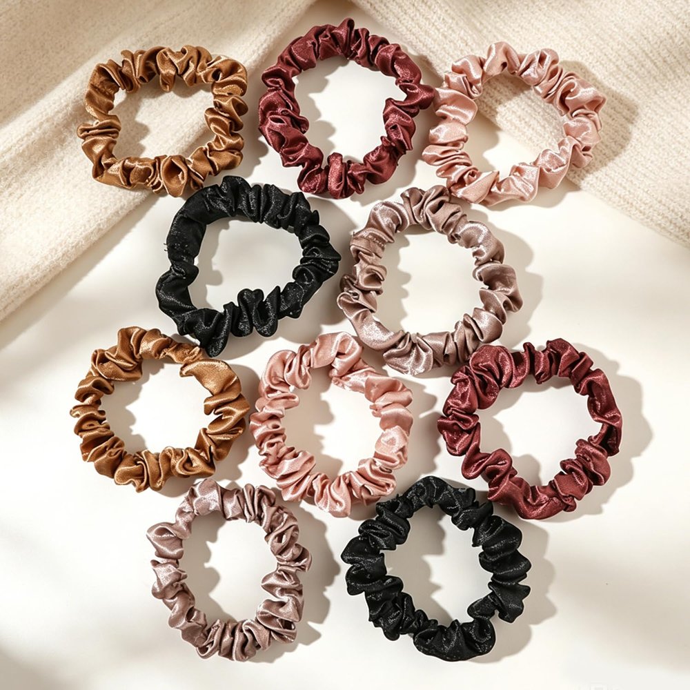 Scrunchies Silk Satin Hair Ties - Small Mini Thin Elestics Ponytail Holder Hair Bands Skinny Scrunchy For Thick Curl Hair No Crease Hair Ties Soft Accessories No Hurt Your Hair for Women and Girls