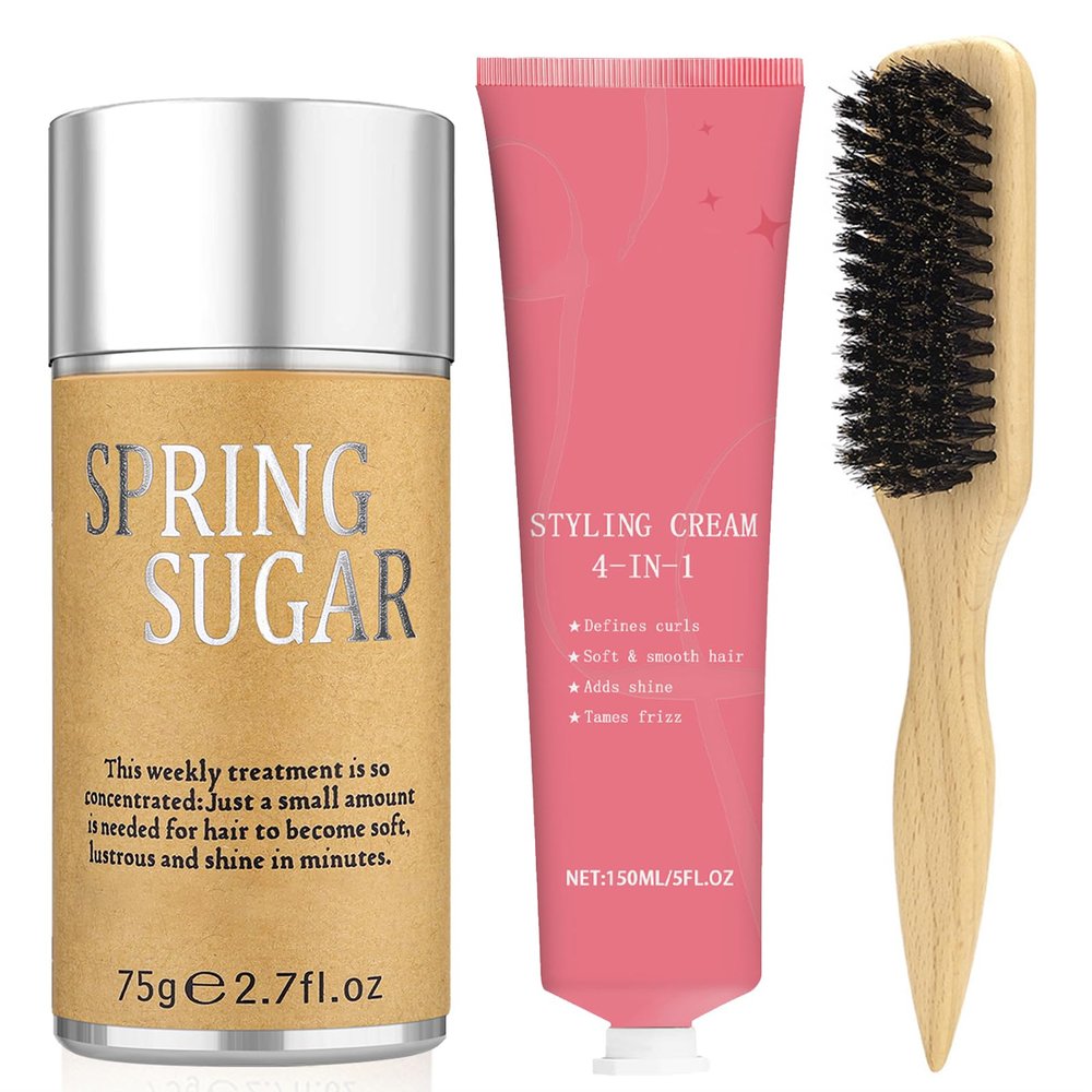 4-in-1 Styling Cream for Flyaways, Curl Defining & Shine  with Slick Back Boar Bristle Brush & Hair Wax Stick  Smooth Sleek Hair Tamer Set, Non-Greasy, for Women & Kids