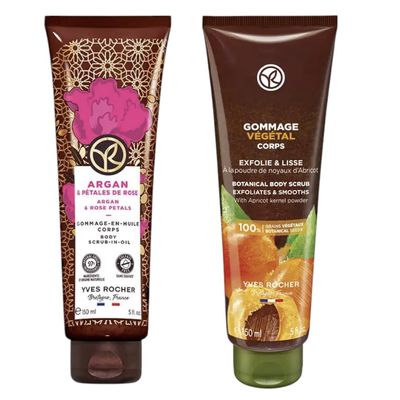 Yves Rocher Body Renewal Scrub with Apricot Kernel Powder and Argan Oil Rose Petals Exfoliating Cream for Smooth - 150 ml./5 fl.oz. Set of 2 Best Gift Kit