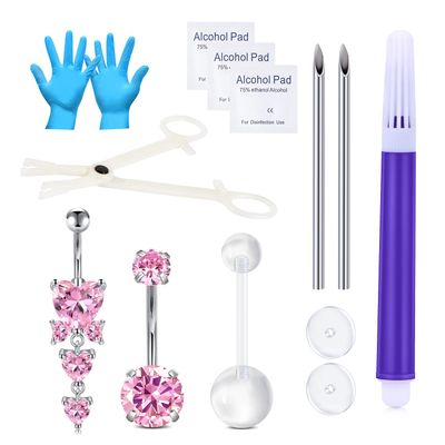 DJCIW 13PCS Belly Button Piercing Kit,316L Stainless Steel 13G Piercing Needles Piercing Clamps Belly Piercing Kit with 14G Pink CZ Heart Belly Button Ring for Women Belly Piercing 10mm 12mm 14mm