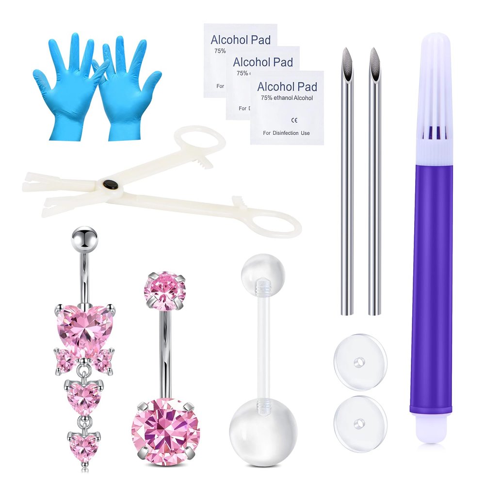 DJCIW 13PCS Belly Button Piercing Kit,316L Stainless Steel 13G Piercing Needles Piercing Clamps Belly Piercing Kit with 14G Pink CZ Heart Belly Button Ring for Women Belly Piercing 10mm 12mm 14mm