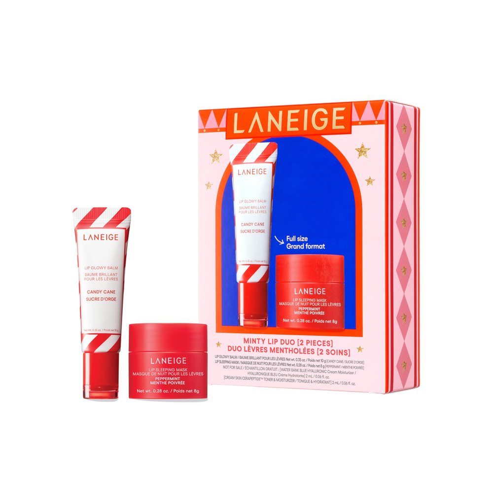 LANEIGE Minty Lip Duo: Peppermint Lip Sleeping Mask and Candy Cane Lip Glowy Balm for Soft, Hydrated Lips